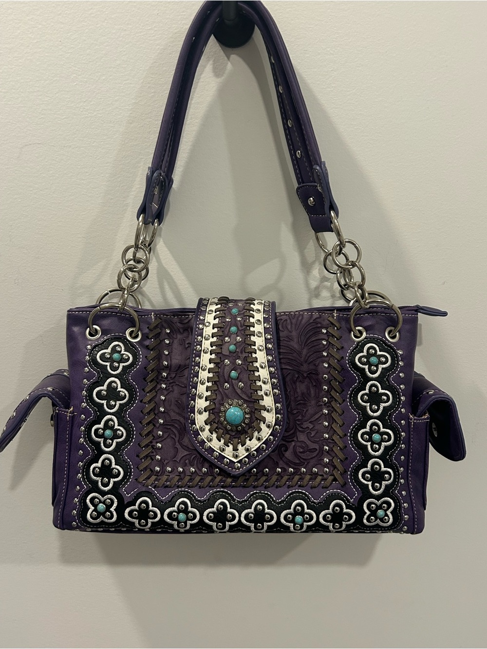 Purple Embossed Turquoise Accent Shoulder Bag